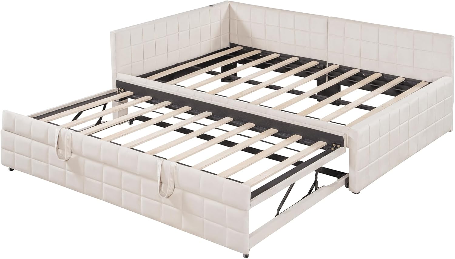 Full Size Daybed with Twin Size Pop Up Trundle, Upholstered L-Shaped Daybed Frame with USB Ports, Full Size Corner Bed Frame for Bedroom, Living Room & Guest Room, No Box Spring Needed, Beige