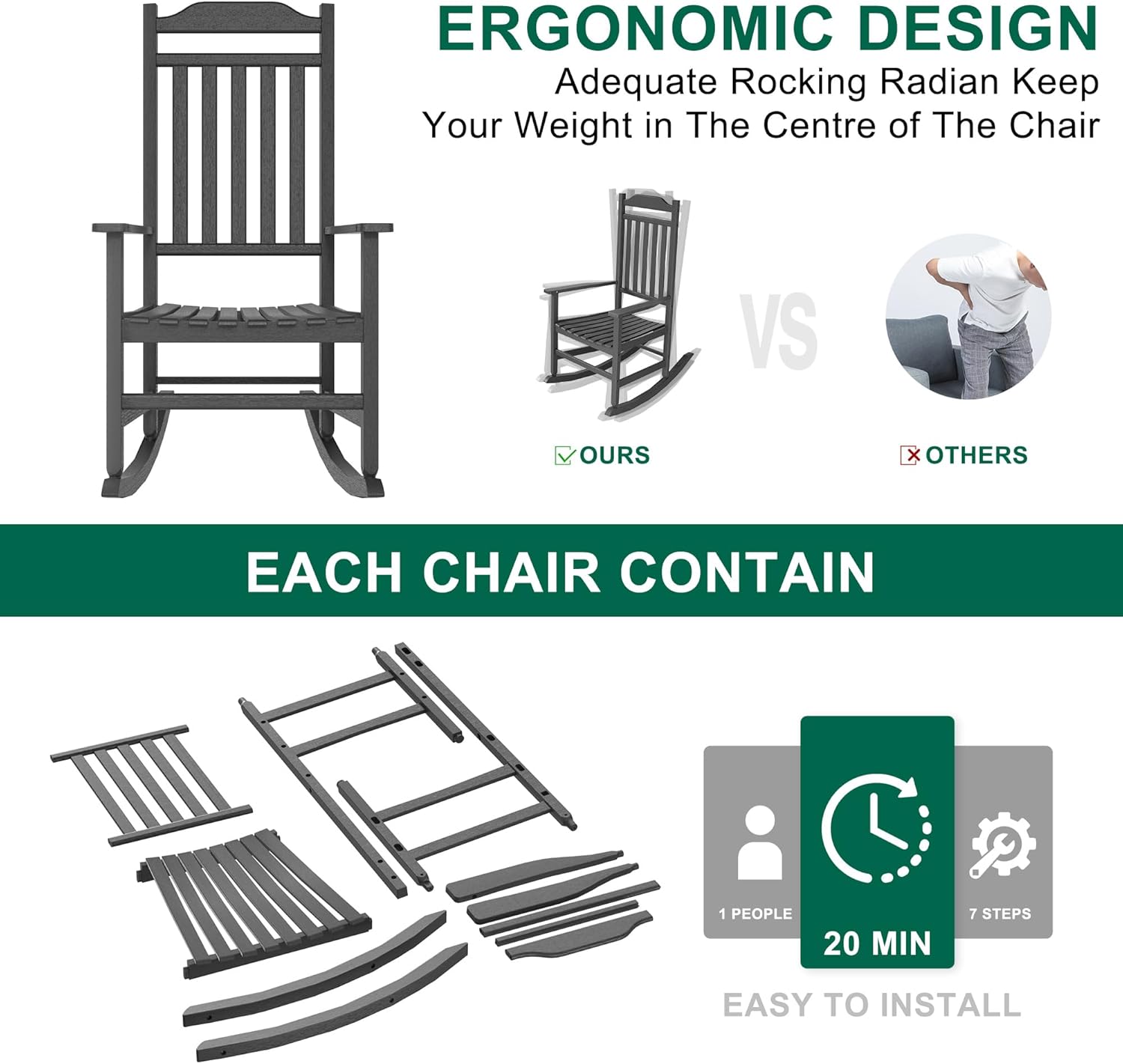 Patio Rocking Chair Outdoor Set of 4,Weather Resistant Poly Resin Oversized Porch Rocker,High Back Smooth Design,350lb Weight Capacity,Indoor Outdoor Use(4, Black)
