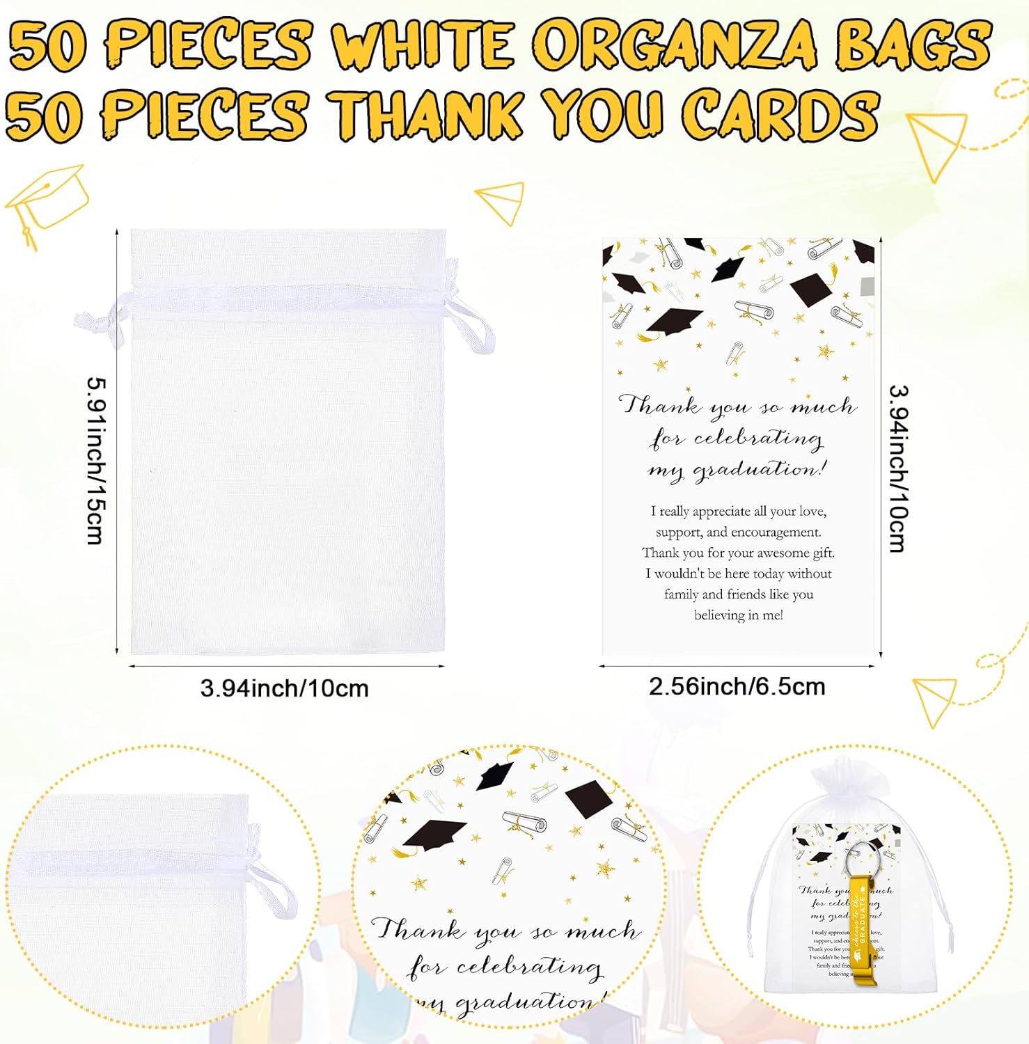 Maxcheck 50 Sets Graduation Party Favors for Guests Class of 2026 Graduation Gifts Bulk Personalized Bottle Opener Aluminum Keychain with Thank You Card Organza Bag for Party Decoration(Gold,Black)