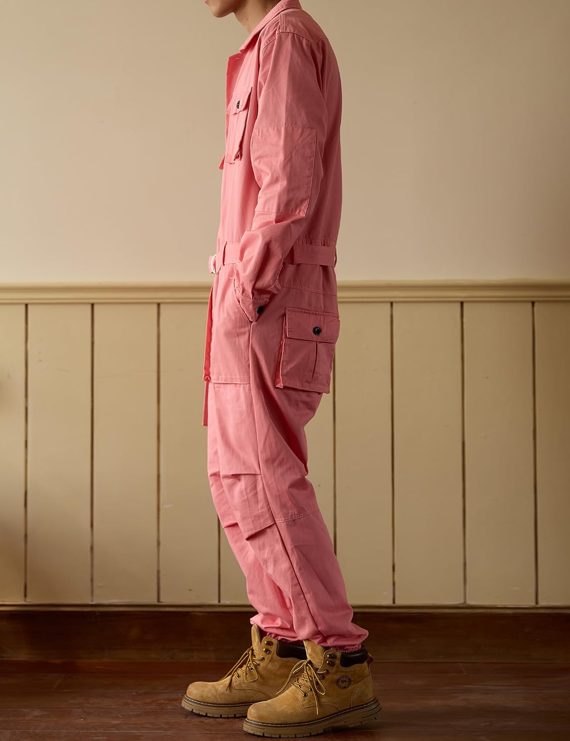 Men Pockets Cargo Joggers Jumpsuits with Belt Pink