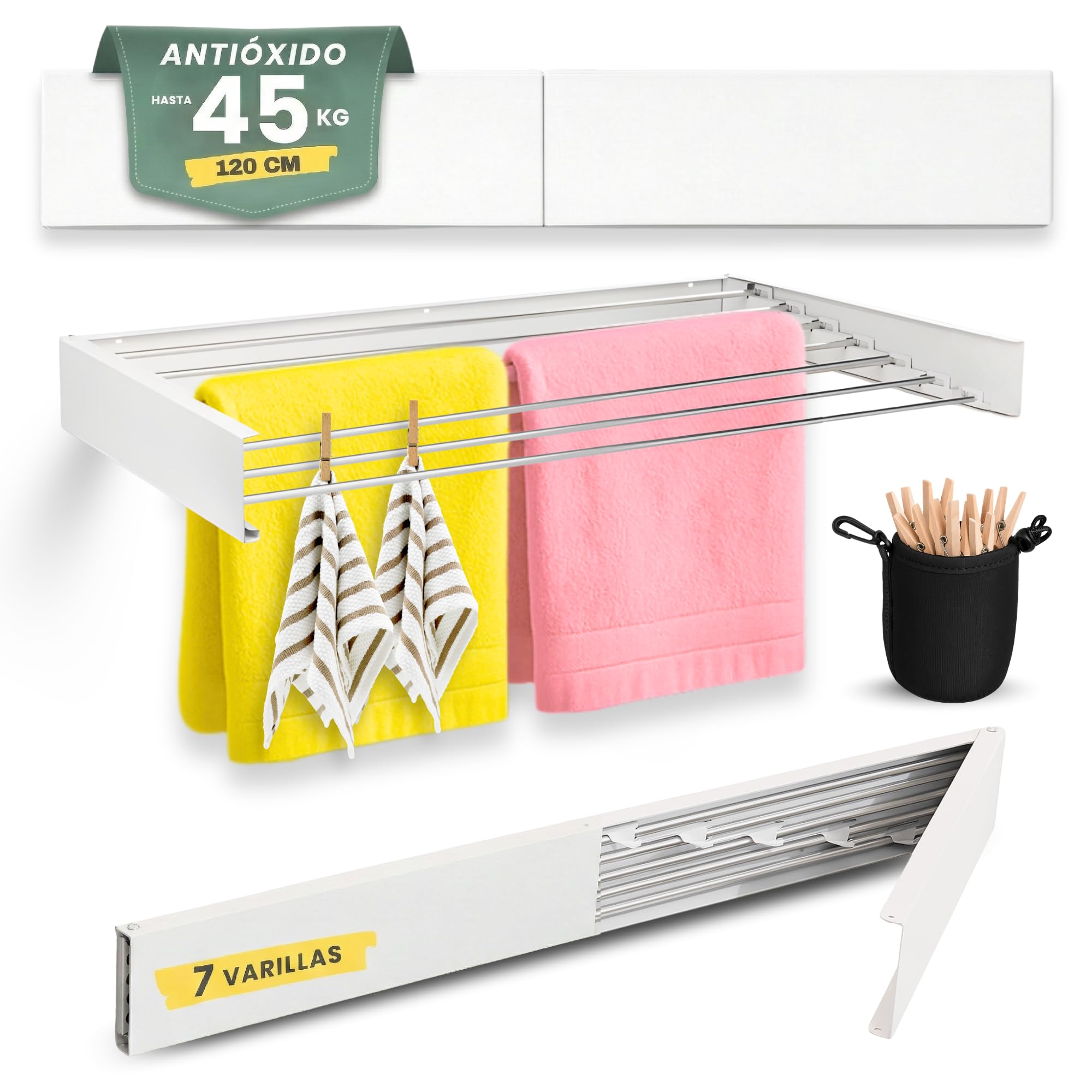 maname Tendedero Extensible Pared. 120 Cm, ANTIOXIDO Retractil Abatible Tendedero Plegable para Interior Y Exterior, Colgador Ropa Pared. Soporta 45kg De Carga. Retractable Clothes Drying Rack