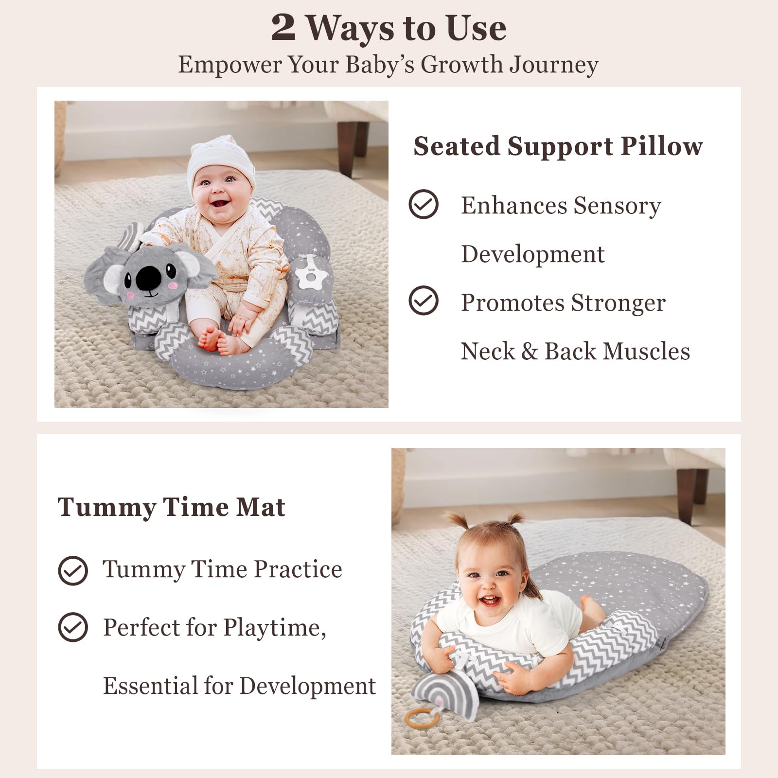 4 in 1 Tummy Time Mat & Seated Support Pillows, Play Mat, Sitting Support for Newborn 0-12 Months, Infant Baby Sit Me Up Floor Seat, Sensory Development Gifts Tummy Time Play Toys, Koala