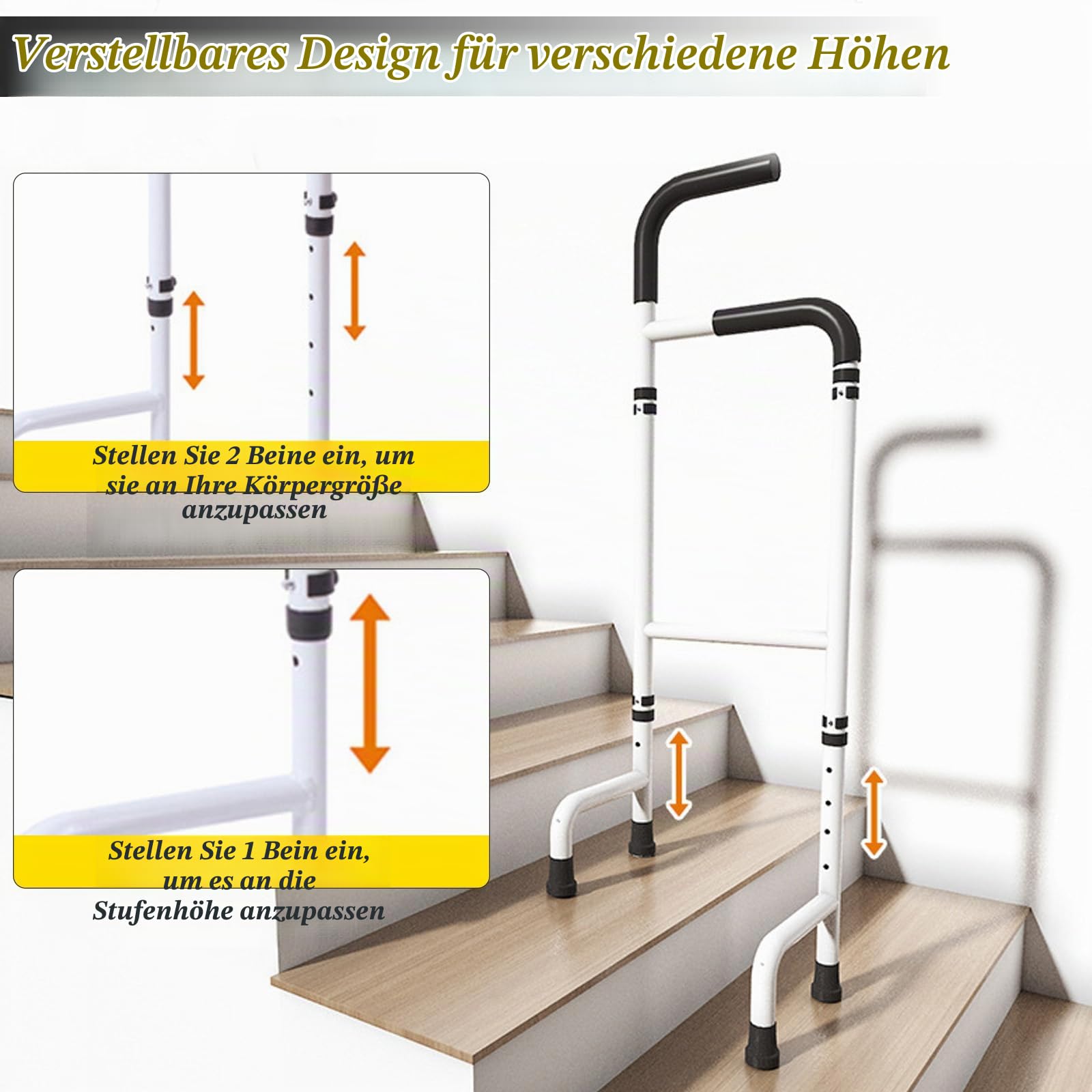 Treppensteighilfe aus Aluminium, Treppenhebehilfe Verstellbare Höhe 76 cm-117 cm, Stabiler Treppenstock, Höhenverstellbar Gehhilfe für Senioren Erwachsene, Tragfähigkeit 136 KG