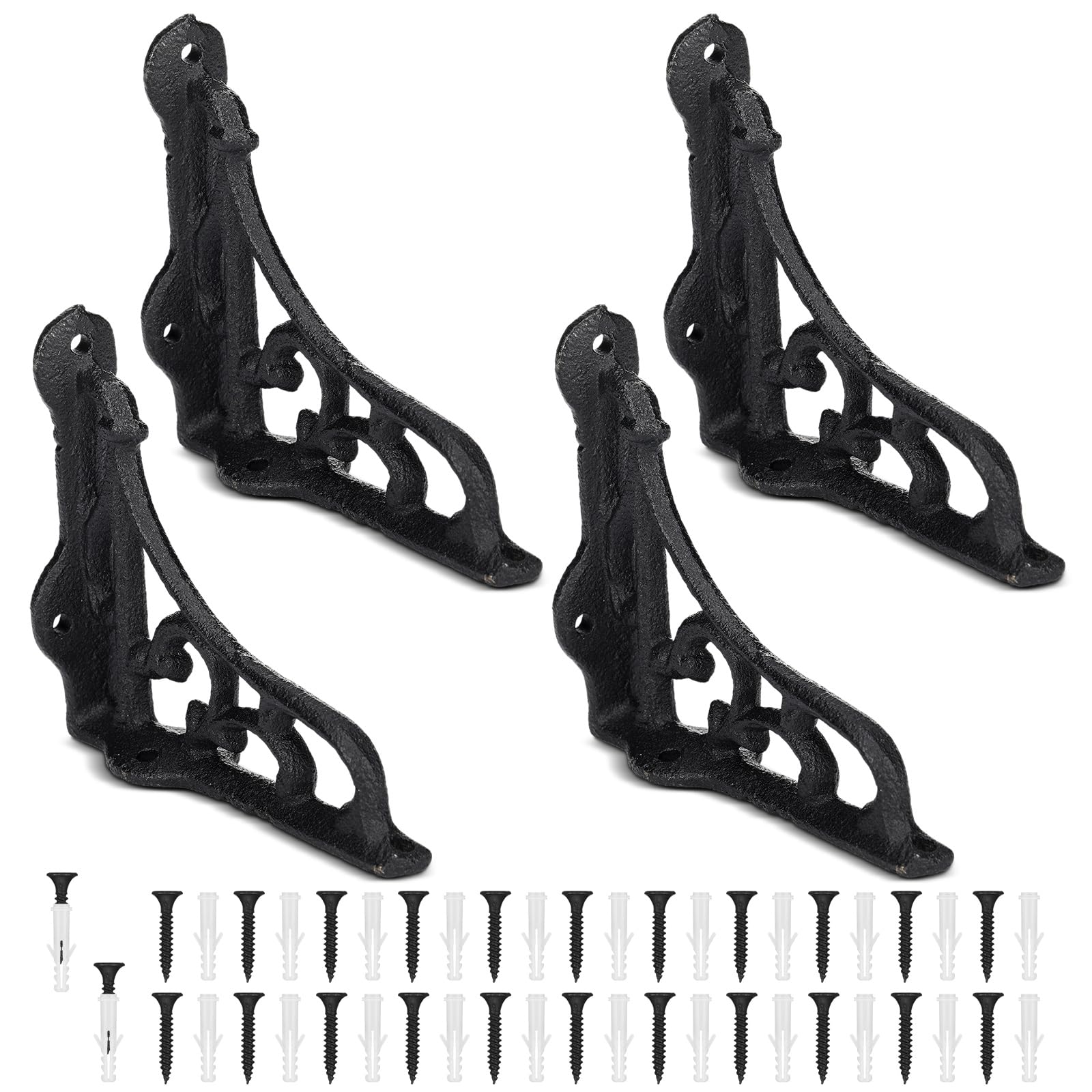 Otoolling 4 Pcs 4 1/8"ร3 5/8" Black L Shape Antique Style Vine Shelf Brace Wall Brackets, Heavy Duty Vintage, Cast Iron Brackets Small, Baroque Style, for Rustic Farmhouse & Vintage Shelving โ image 1
