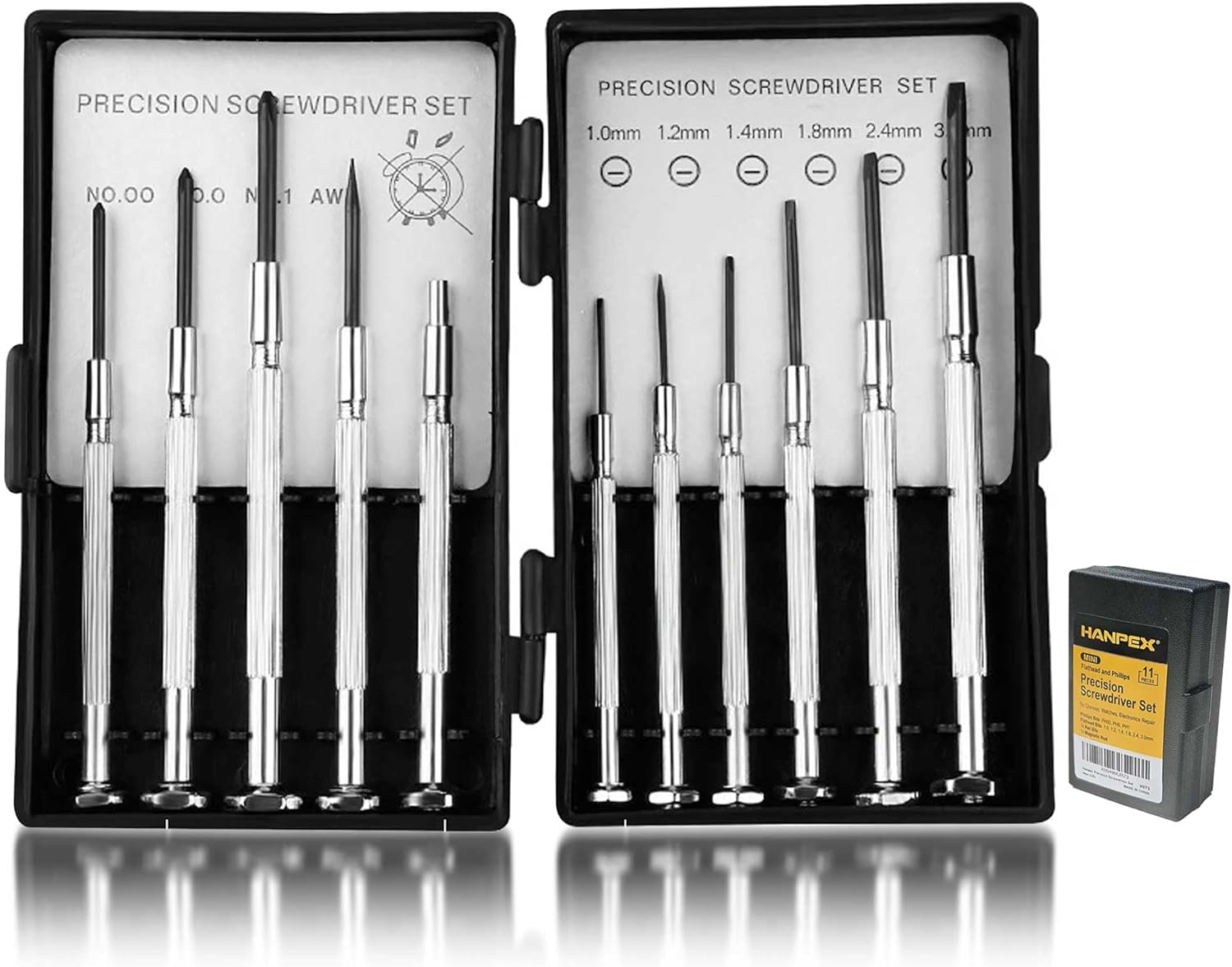 Hanpex Precision Screwdriver Set, 11 Pieces, Mini Flathead and Phillips, for Glasses, Watches, Electronics Repair
