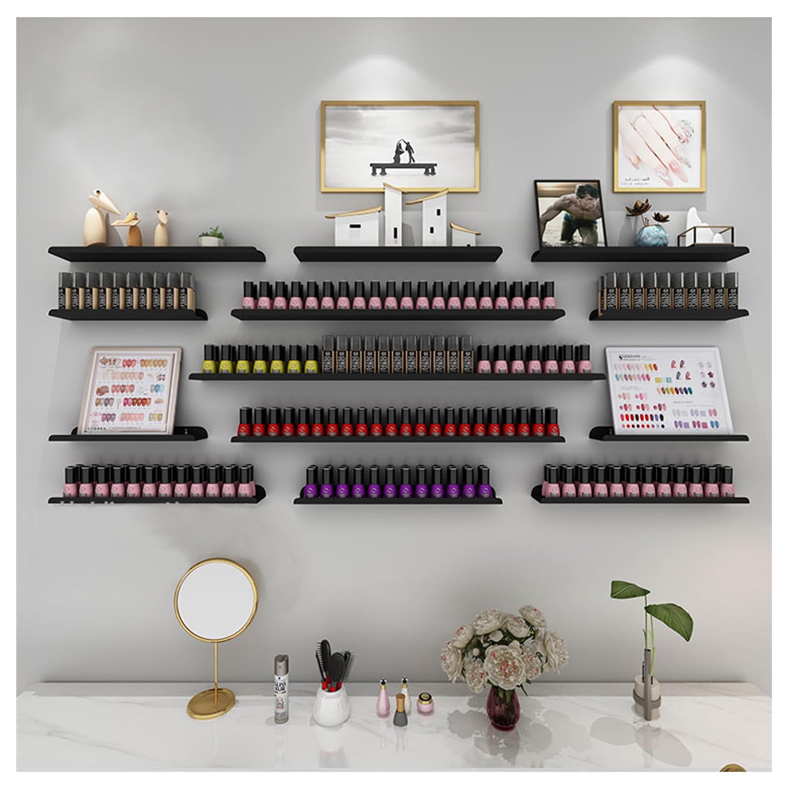 Organizador de esmaltes de uñas de Pared: Juego de 13 Piezas de Organizador de esmaltes de uñas y Soporte para frascos de Perfume/aceites Esenciales de Metal Negro para Montaje en Pared, per
