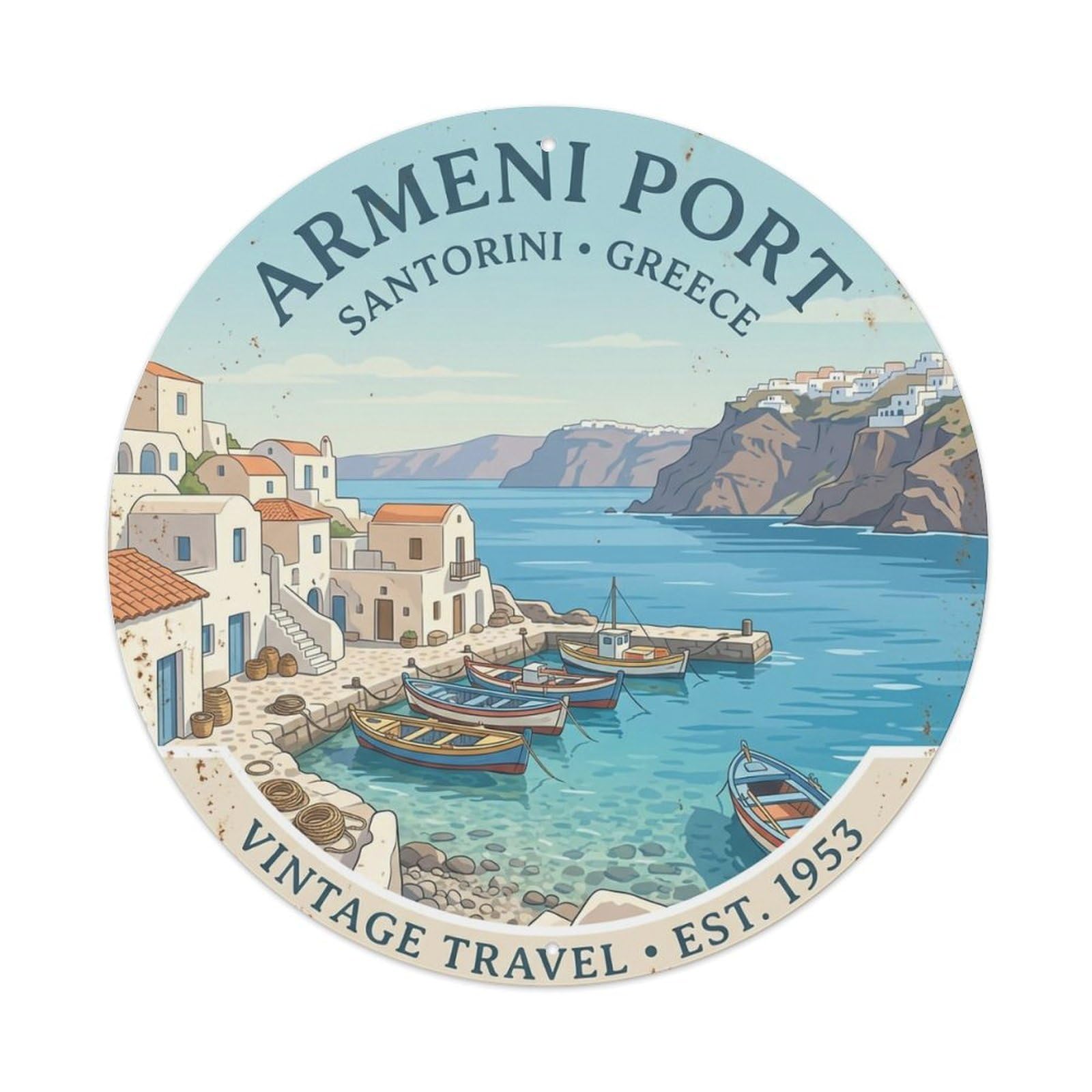 Fqnyr Style Metal Tin Sign Vintage Travel Armeni Santorini Port