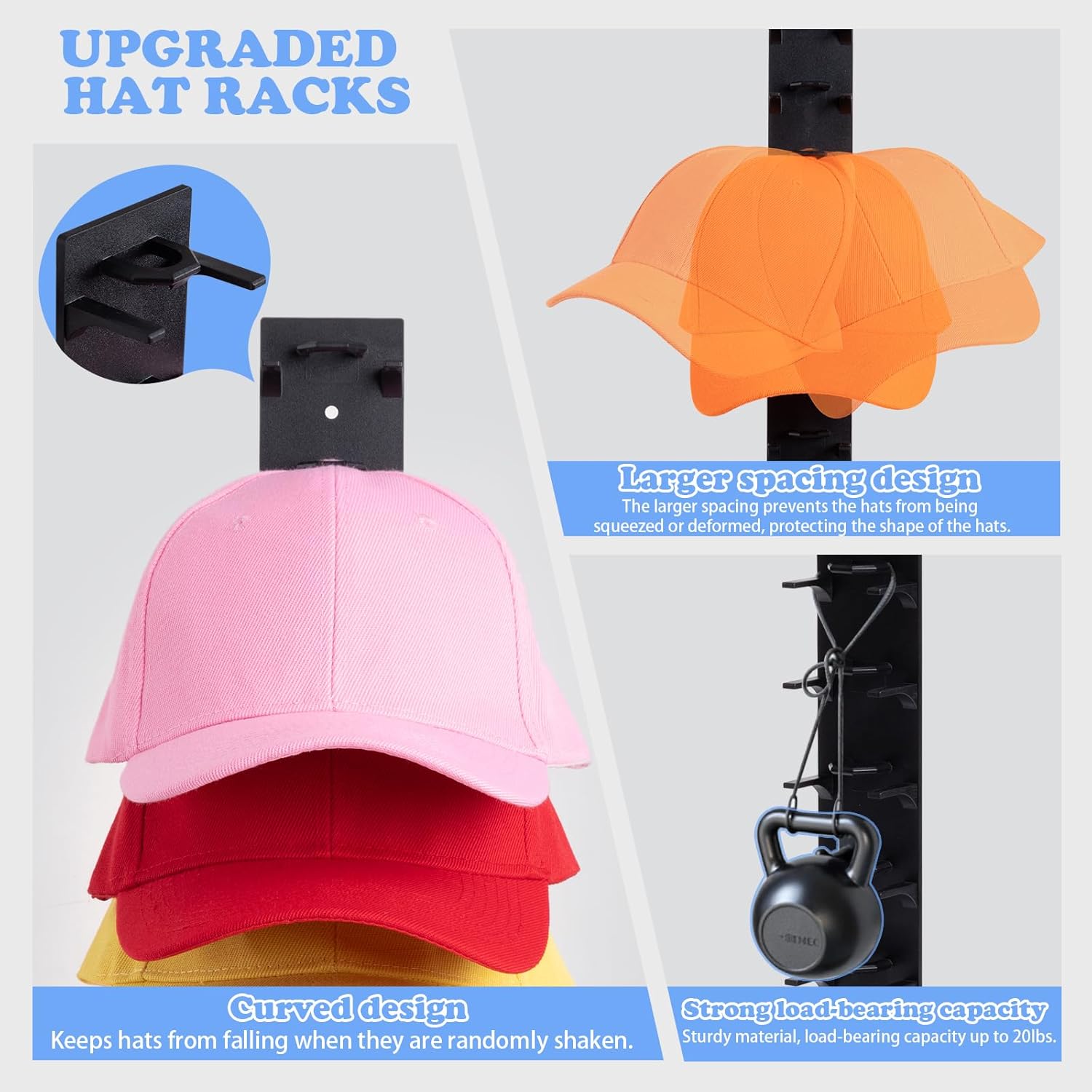 Hat Organizer for Baseball Caps, 2 Pack Black Hat Rack for Wall Hold up to 18 Hats Strong Adhesive Hat Hooks Stand Hat Hanger Organizer Storage Holder Display for Door Closet - Image 4