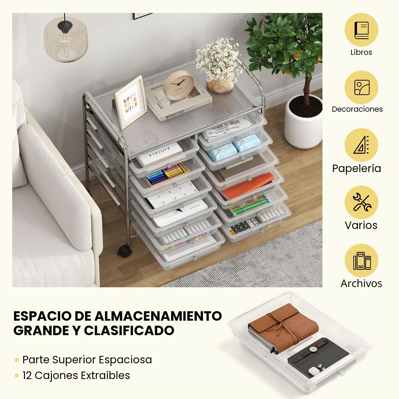 GIANTEX Carro de Almacenamiento con 12 Cajones Plásticos, Cajonera con 4 Ruedas 360°, 2 Bloqueables, 64 x 38 x 62 cm, Carrito Auxiliar para Salón, Cocina, Baño (Transparente)