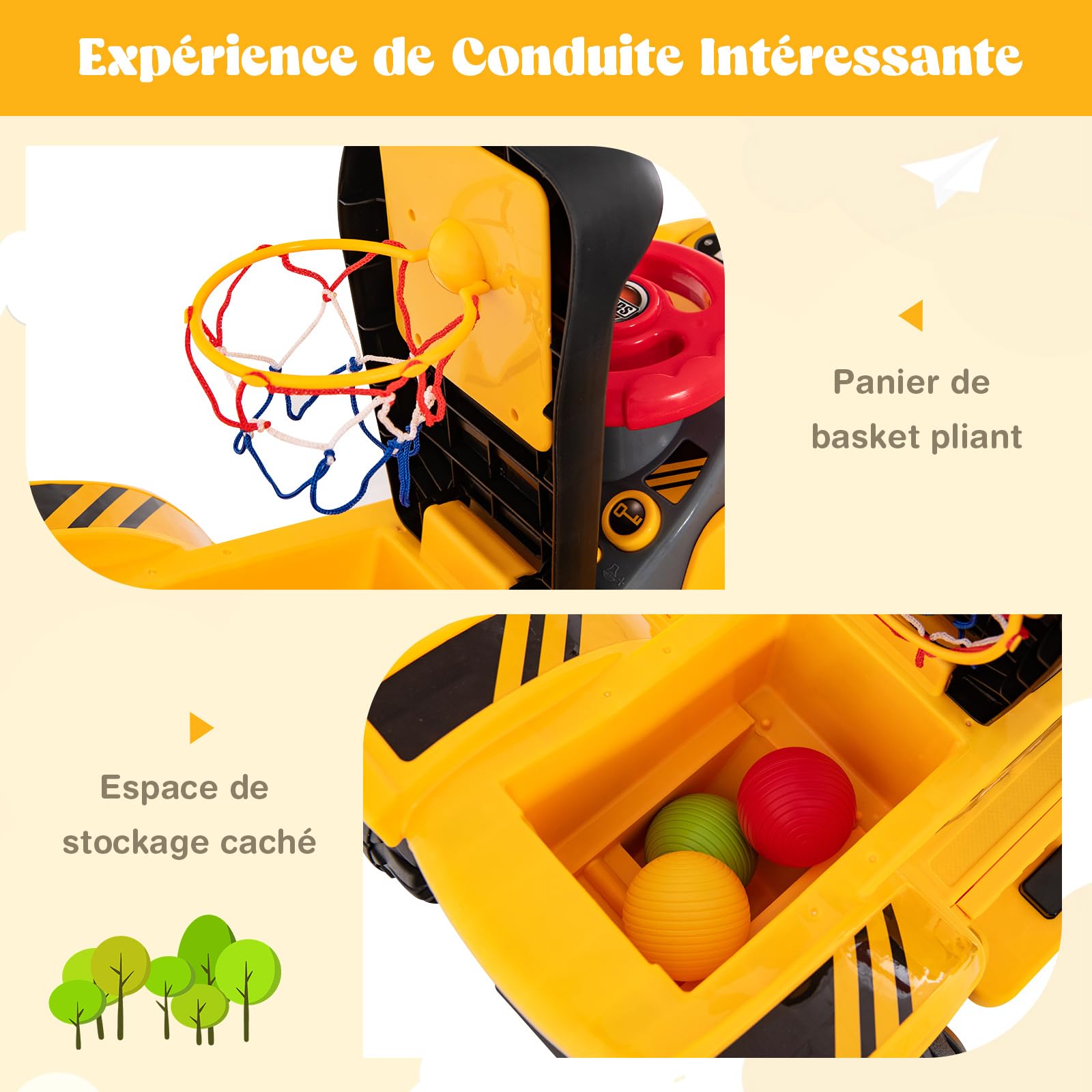 COSTWAY 6V Tractopelle Enfants Électrique avec Pelle & Panier de Basket Pliable, Pelleteuse Enfants Électrique avec Effets Sonores & Espace Caché, Charge 25KG pour Enfants de 2 Ans+ (Tractopelle)