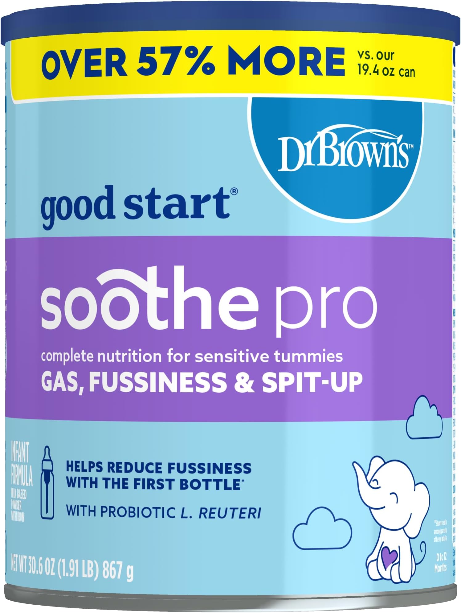 Good Start | Dr. Brown's Soothe Pro, Baby Formula Powder, for Sensitive Tummies, Gas, Fussiness and Spit-Up, Infant Formula with Probiotics, DHA, Non-GMO, 30.6 Ounce