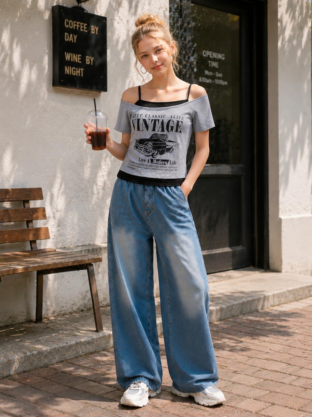 Cakaner Tween Girls Clothing Sets Off Shoulder Top & Wide Leg Jeans Pants Teen Trendy Fashion Y2K Clothes Size 7-14