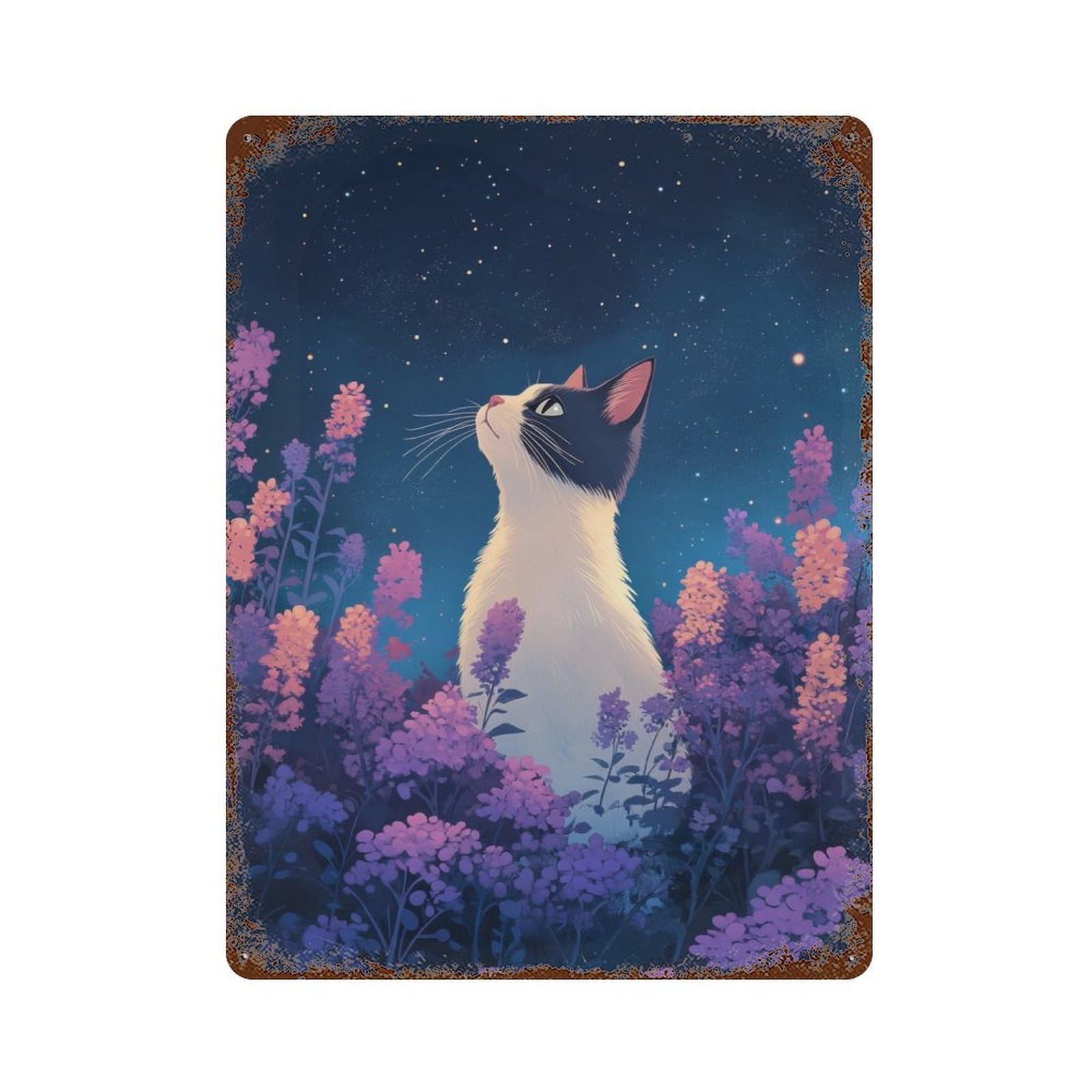 Weathered Tin Sign with Cat Gazing at Stars Design 15.7"x11.8", for Basement, Hobby Room And Garage Decor, Industrial Home Decor