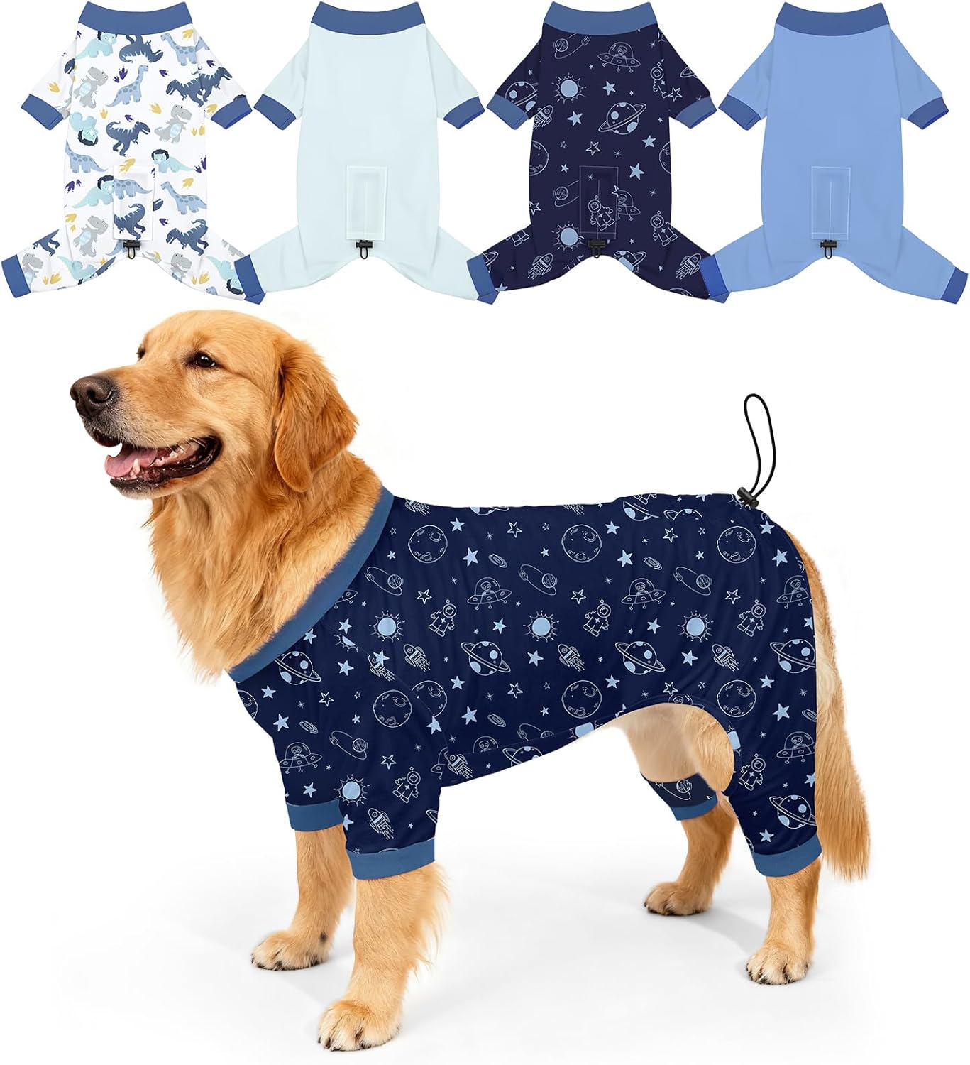 Bienbee Dog Pajamas, 4 Pack Cute Soft Dog Puppy Clothes Dogs Pjs Onesies Jammies Outfit Adjustable Breathable & Stretchy Clothes for Small Medium Large Dogs Girl Boy Puppy-2XL Dinosaurs,Planets,Blue,Light Gray XX-Large