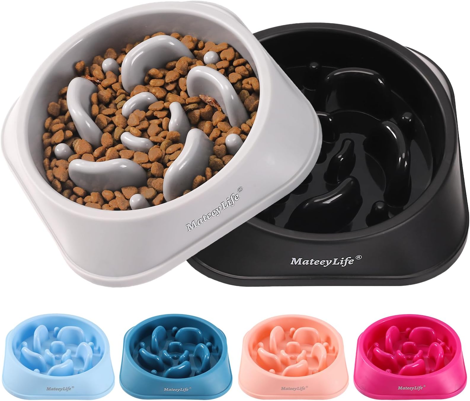 Slow Feeder Dog Bowls 2PCS, Anti-Choking Puzzle Dog Food Bowls, Anti-Slip Interactive Feeding Slow Down Eating, Bloat Stop Maze Dishes for Medium Large Breeds Gray&Black