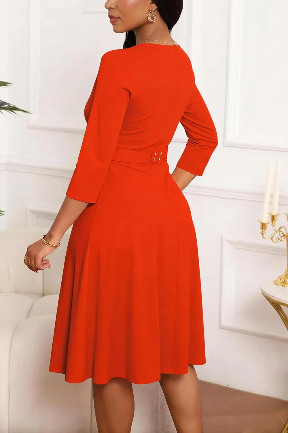 Elainone Womens 3/4 Sleeves Casual A Line Dress with Belt Church Work Wedding Guest Semi Formal Dresses - Image 5