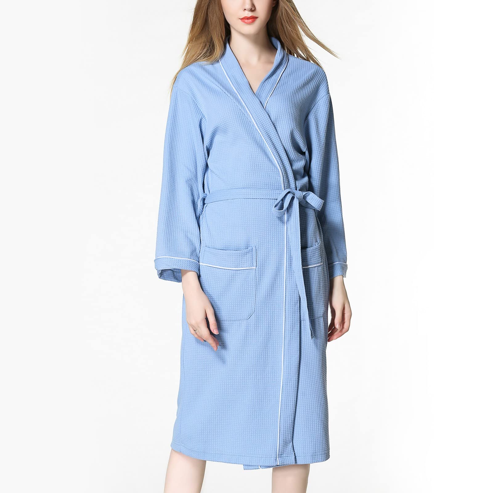 Generisch Accappatoio da donna lungo, in maglia, leggero e morbido, per ore di relax a casa, abbigliamento elegante con cintura, tessuto facile da pulire (azzurro, M)