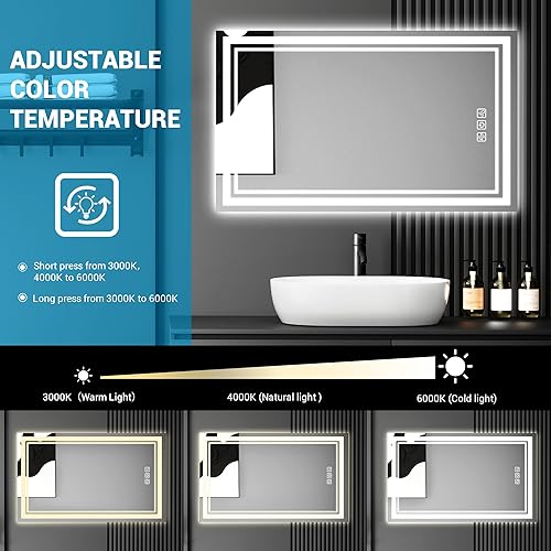 Miniatura 3 de Silumin Espejo de baño LED de 40 x 32 pulgadas, luz delantera y trasera, 5 minutos de desempañamiento, espejo de tocador reflejado Full HD de 0.197