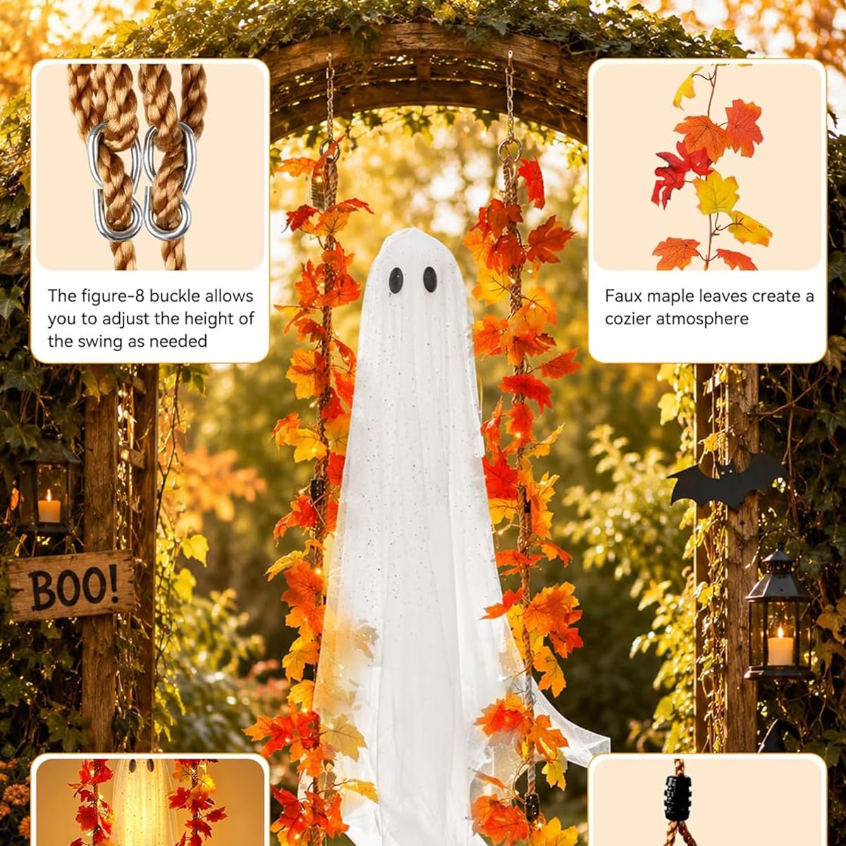 Wiszący duch na Halloween, dekoracja ze światłem LED i huśtawką w kształcie liścia klonu, zdalnie sterowana dioda LED, do użytku wewnątrz i na zewnątrz, na drzewo, werandę, jesienną girlandę