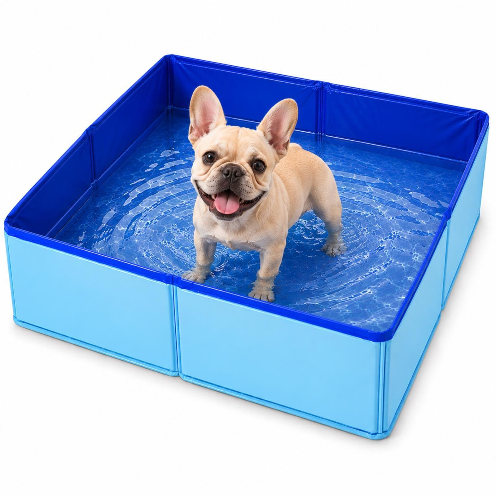 Pet Bath Pool - PVC Foldable Pet Swimming Pool - Non-Inflatable Pets Paddling Pools For Dogs, Cats And Kids - L:20xW:20xH:4inch - Square Shaped Pets Bathing Tub For Home, Yard, Garden - Blue