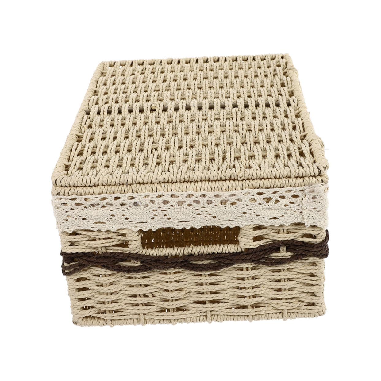 Cestino Rettangolare Intrecciato Portaoggetti Per Cosmetici Coperchio Grande Beige, Organizzatore Da Scrivania Per Oggetti e Decorazioni Casa, Per Soggiorno e Ufficio