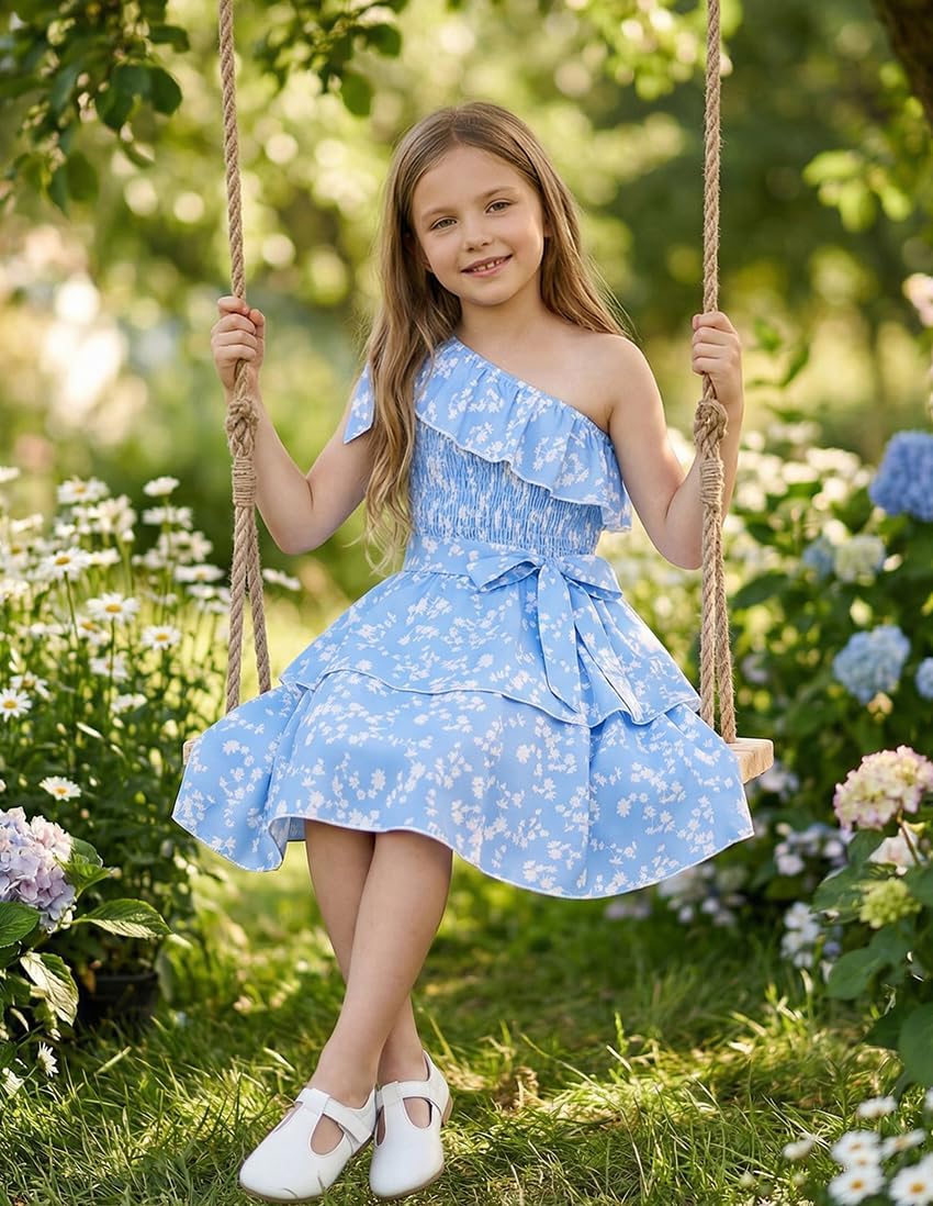 GRACE KARIN Girls Summer Spring Dress Kids One Shoulder Floral Dresses Teen Cute Party Flower 2 Layer Hawaiian Clothes 6-14 - Image 8