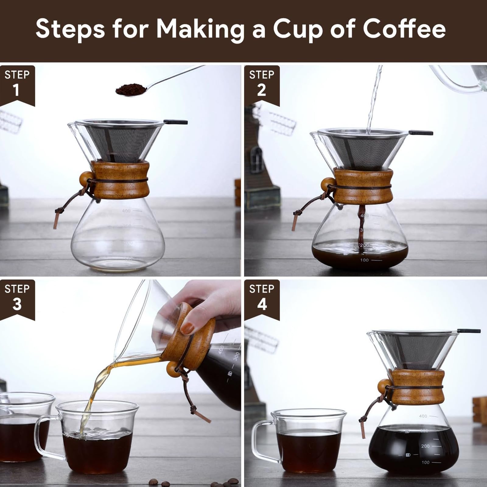 LMSAWK Cafetière à Manchon En Verre Avec Filtre Réutilisable - 400 Ml 3 Tasses - Design Bois Élégant