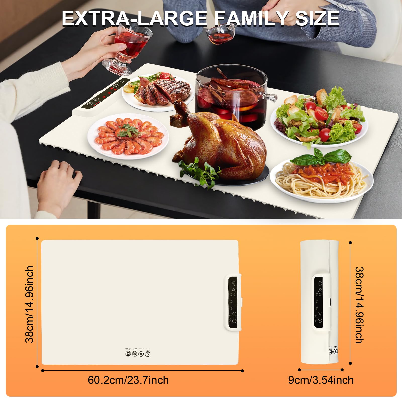 Plateau Chauffant Électrique, Chauffe Plat Électrique Pliable Enroulable, Tapis Plateau Chauffant Electrique avec Minuteur et 3 Réglages de Température (60 x 38cm (4-6 Plats))
