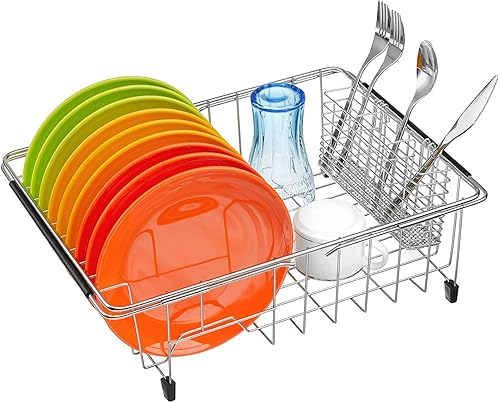 Miniatura 5 de SANNO Organizador de utensilios de acero inoxidable para cubiertos con soporte para utensilios de acero inoxidable, escurridor de platos grande