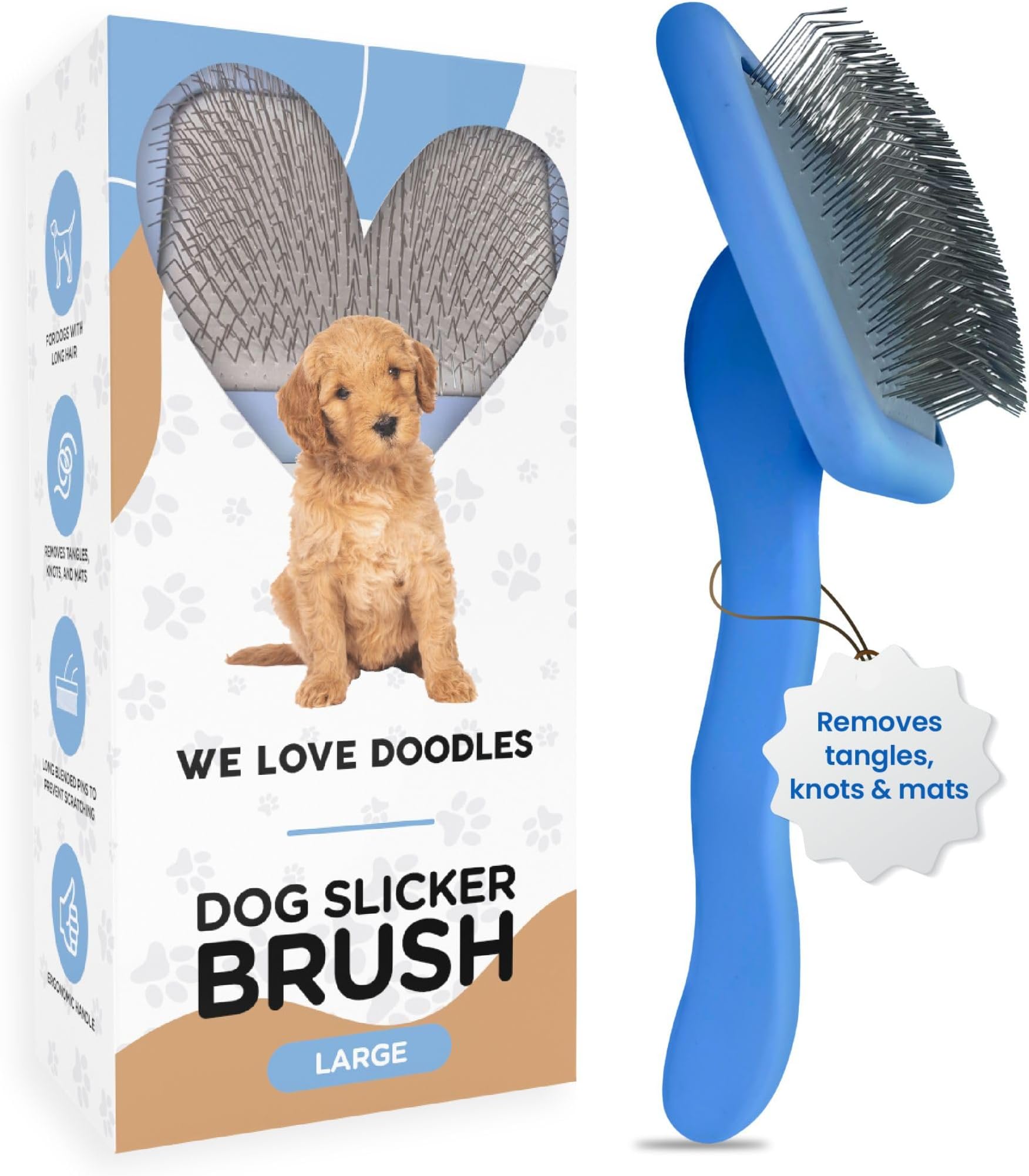 Slicker Brush for Medium or Long Haired Dogs - Best Brush for Doodles - Long Pin, Blue