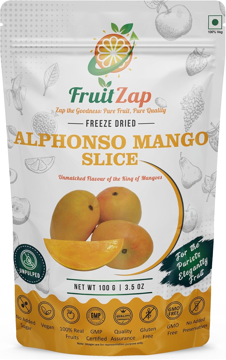 FruitZap Liofilizowane plastry mango Alphonso, 100 g, wegańskie, bez dodatku cukru, bezglutenowe