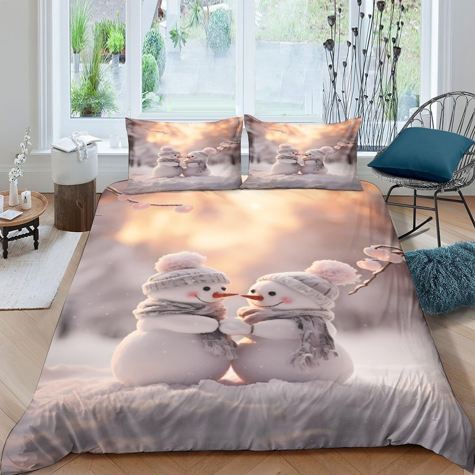 Ctjqhvkz Style-2 3D Printed Cute Snowman Fitted Sheet Microfiber Soft Winter Scene Bed Cover For Bedroom Guest Room Decor Single（135X200cm）