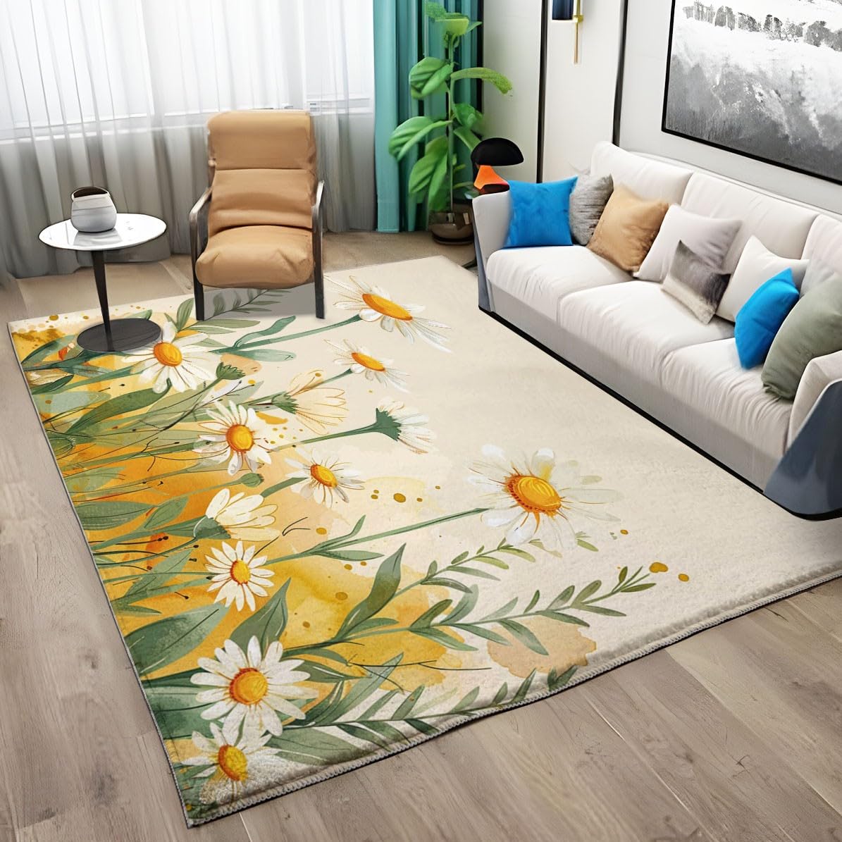 Tapis lavable et antidérapant motif floral jaune 120 x 170 cm pour chambre