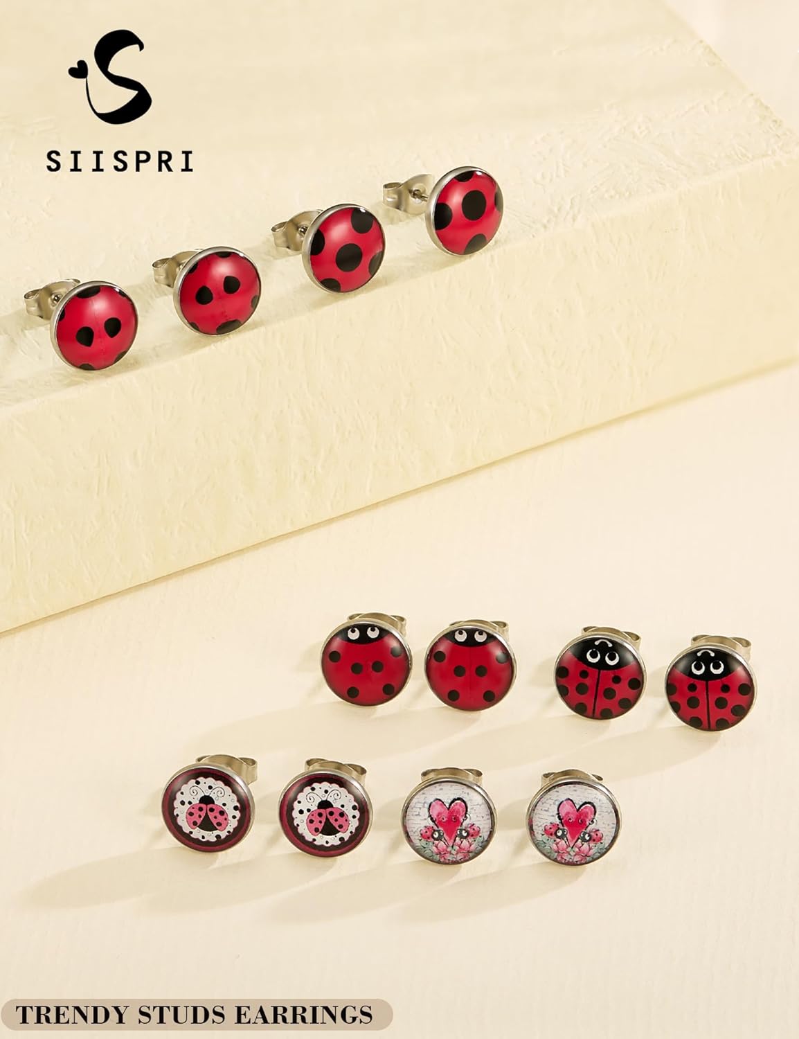 SIISPRI 6Pairs Ladybug Women Earrings Set Cute Bug Little Ladybird Earrings Round Circle Button Stud Post Earrings 10MM - Image 4