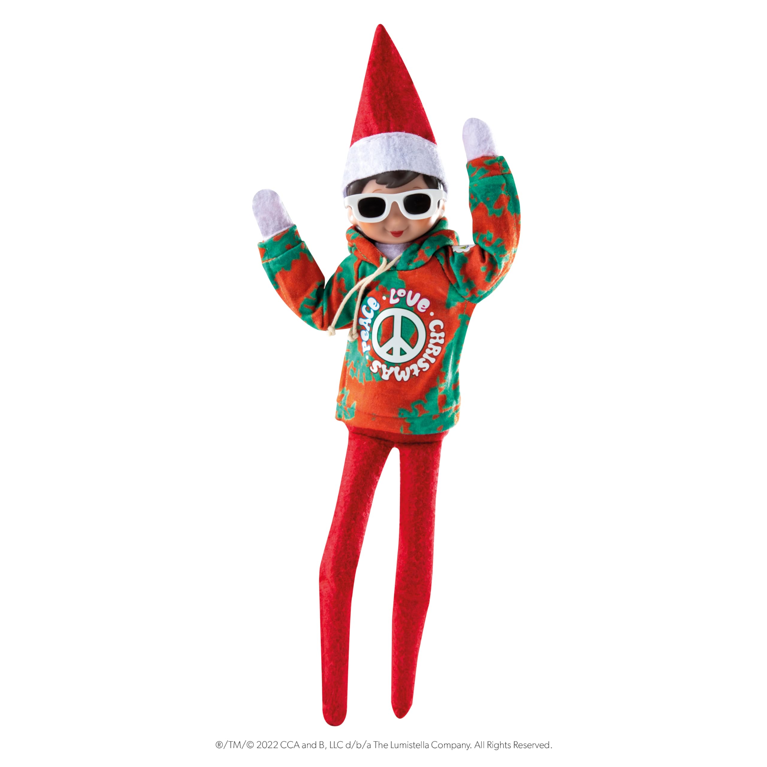 The Elf on the Shelf Claus Couture Groovy Greetings Hoodie Clothes Set for your Scout Elf - Accessories include Sunglasses and a Peace, Love, Christmas Graphic Hoodie Jumper Red