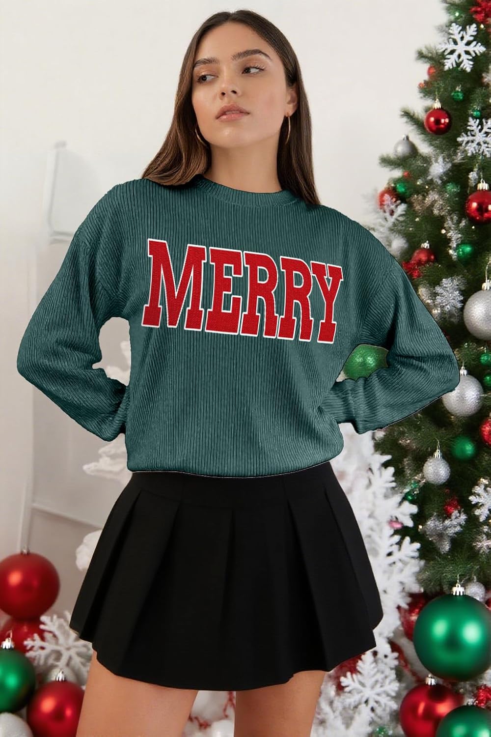 Christmas Sweatshirts for Women Merry Sweater Letter Print Striped Crewneck Sweatshirt Holiday Long Sleeve Pullover - Image 2