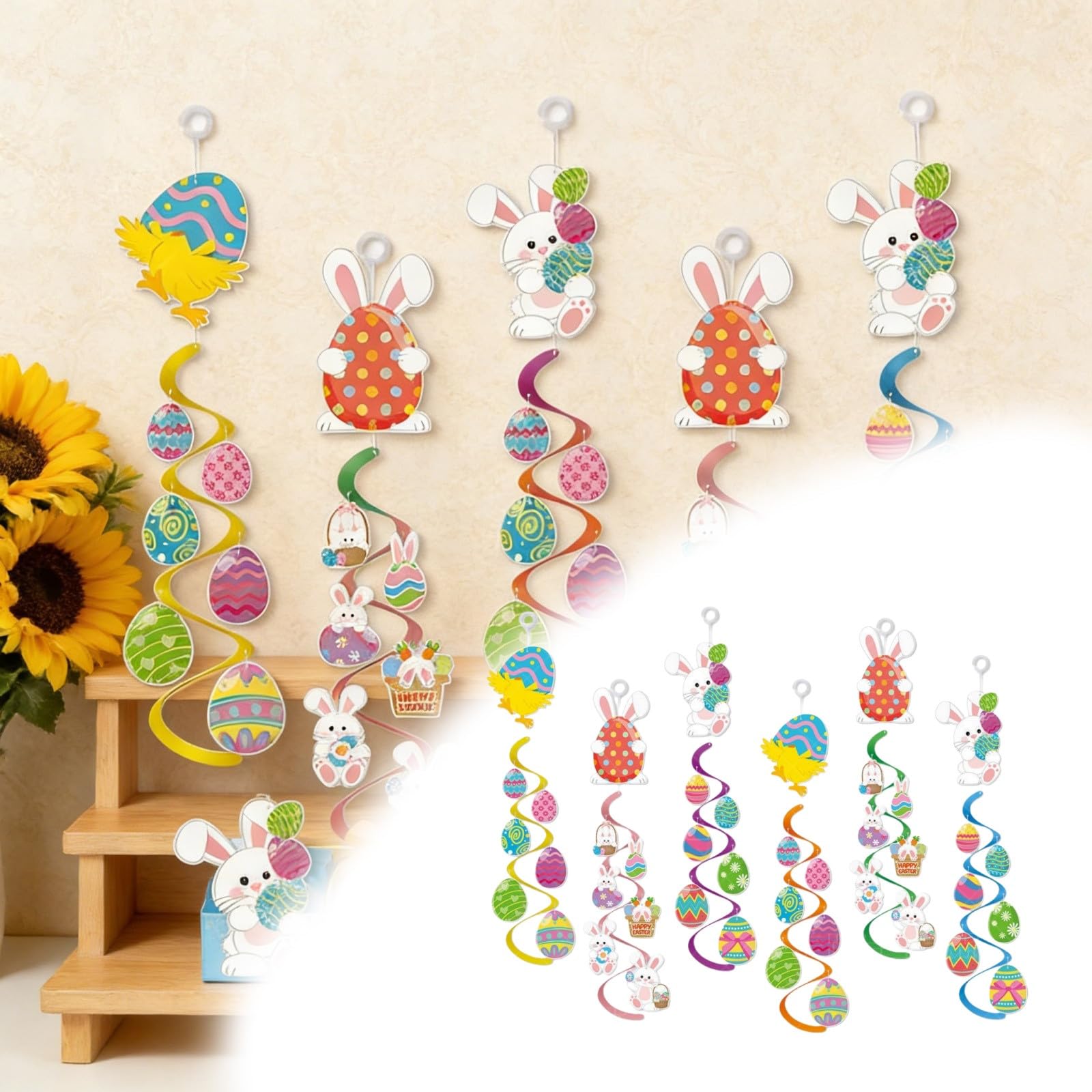 6 piezas de papel en espiral de Pascua para colgar, diseño de conejito y huevo, remolino festivo para fiestas de Pascua, eventos en el hogar y el aula, ideal para Ea (50 cm)