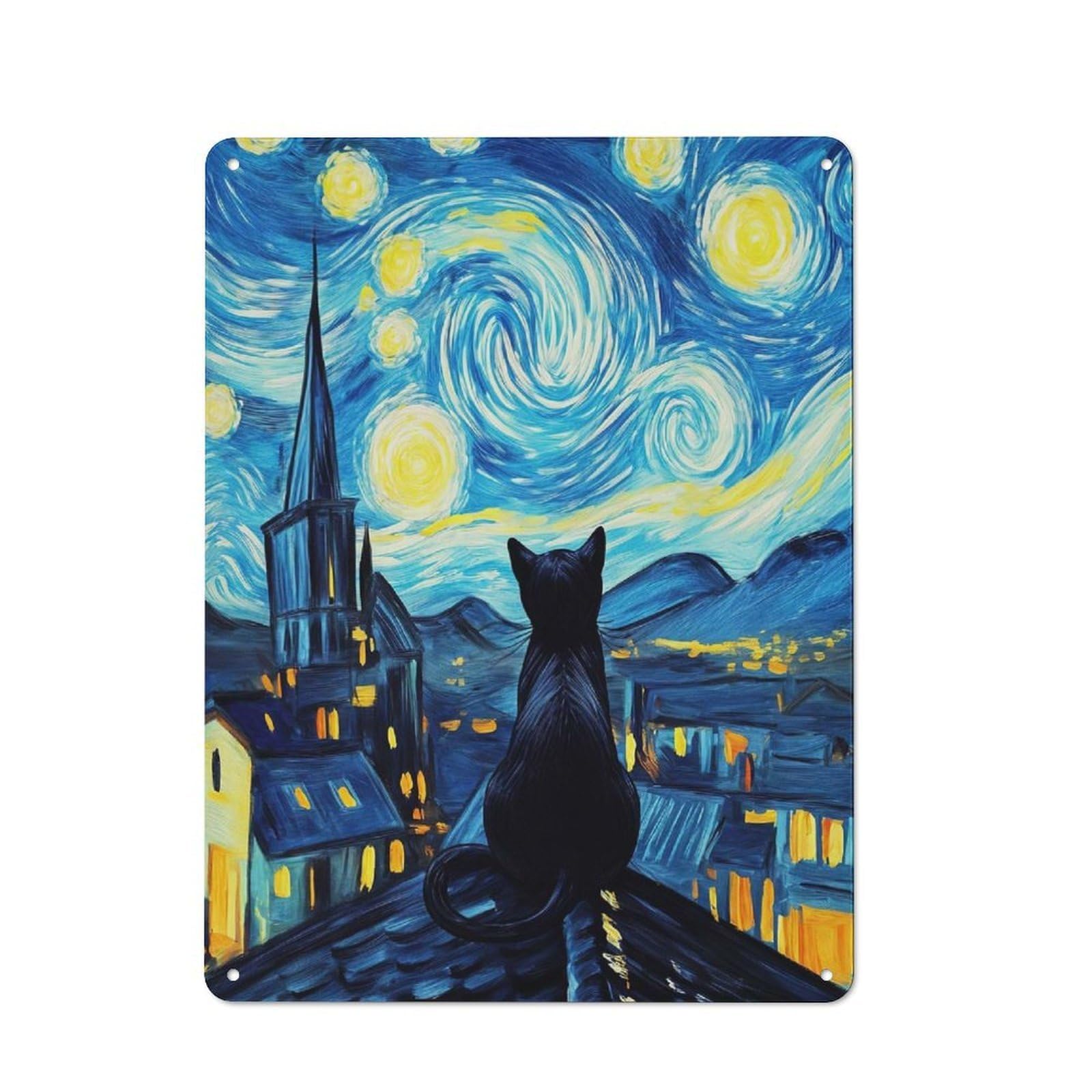 Junmoney Starry Night Cat Landscape Nostalgic Metal Wall Sign 40X30cm, Bar Wall Plaque For Pub, Home Bar, Shed Or Man Cave