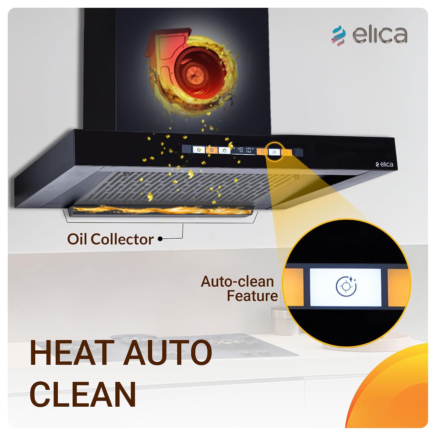 Heat auto-clean feature and oil collector tray of Elica T 60 SMART BLDC FL HAC LTW MS NERO kitchen chimney