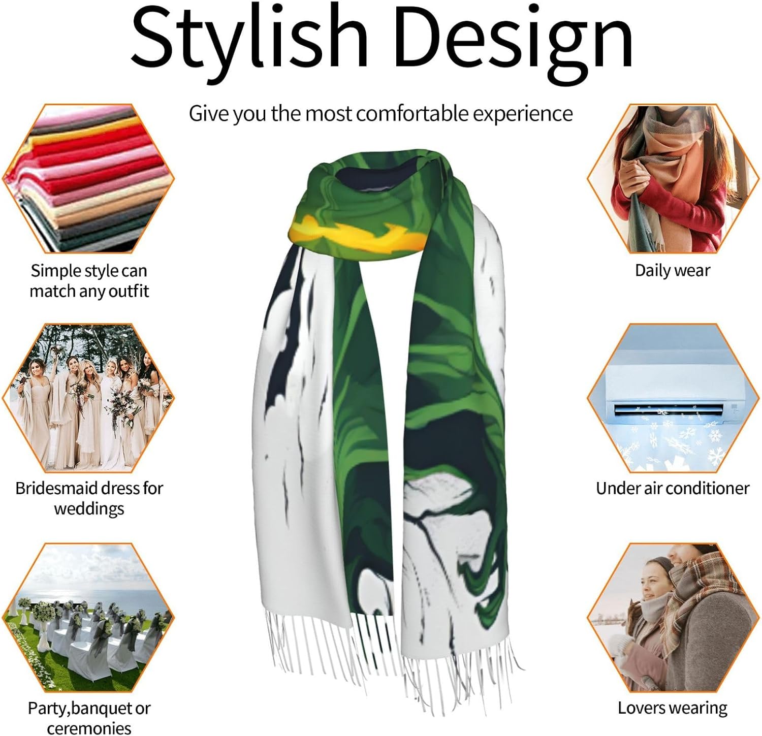 Green Ghost Horror Halloween Pumpkin Print Polyester Fringed Scarf 77x27 Inch Cozy Stylish Shawl Scarfs With Fringe For Fall, Winter Spring