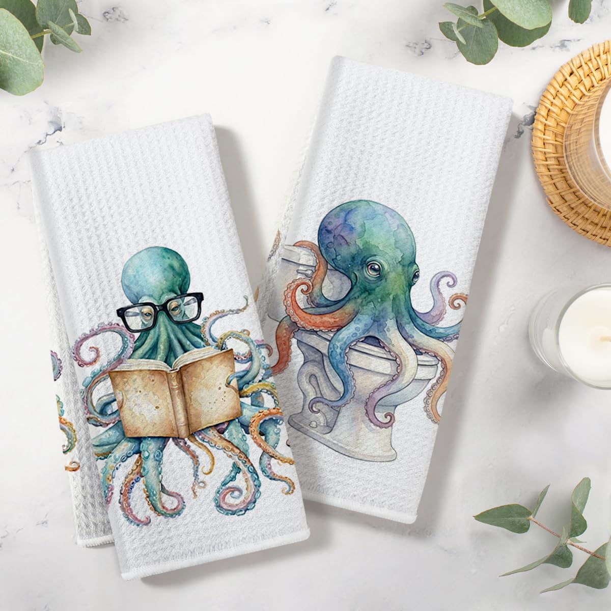 2 Pcs Vintage Octopus Waffle Weave Bathroom Hand Towels 24 x 14 Inches