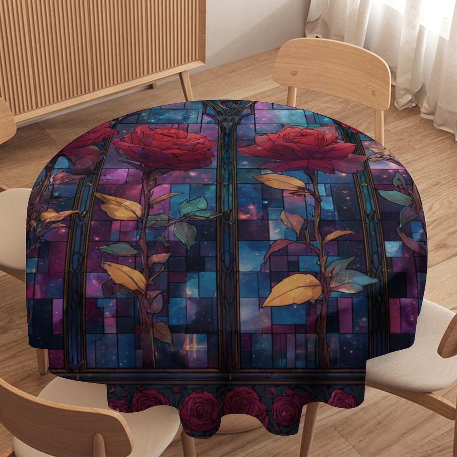 LUYYSKY Fantasy Elegant Gothic Rose Waterproof Round Tablecloth Beautiful Realistic Plant Red Rose Floral Gold Leaves Washable Table Cover for Kitchen-177.8" Wx177.8 L cm