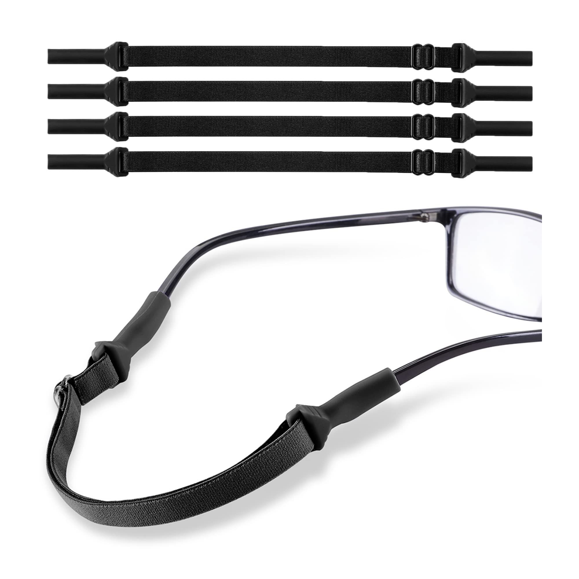 lvvfit Adjustable Glasses Strap, No Tail Adjustable Eyewear Retainer Glasses Straps, Sunglasses Straps for Men,Women,kids(4pcs Black)