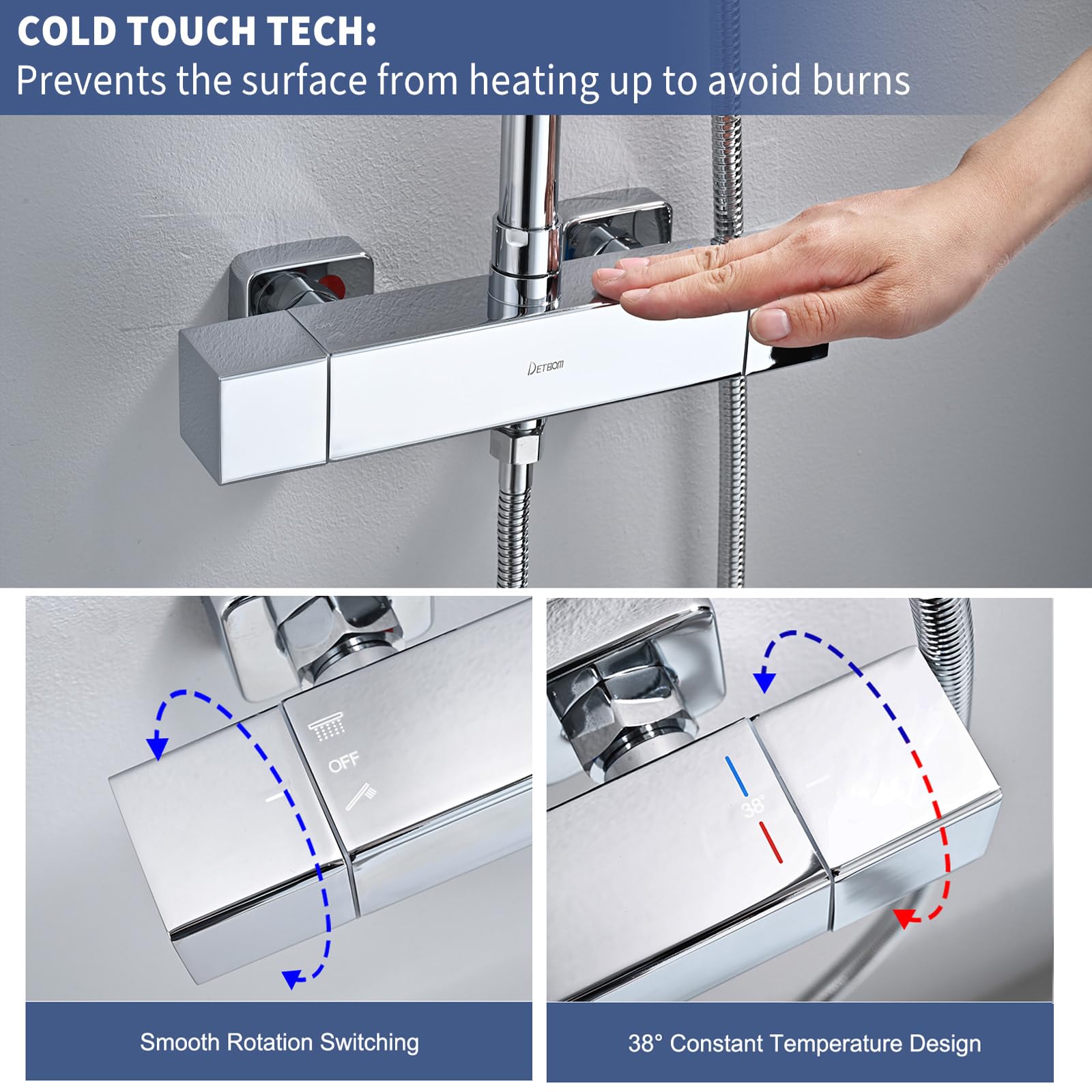 Columna Ducha Termostática, DETBOM Set de Ducha Cuadrado Acero Inox, Cabezal de Ducha de Lluvia, Barra Ducha de Altura Ajustable, Cromada
