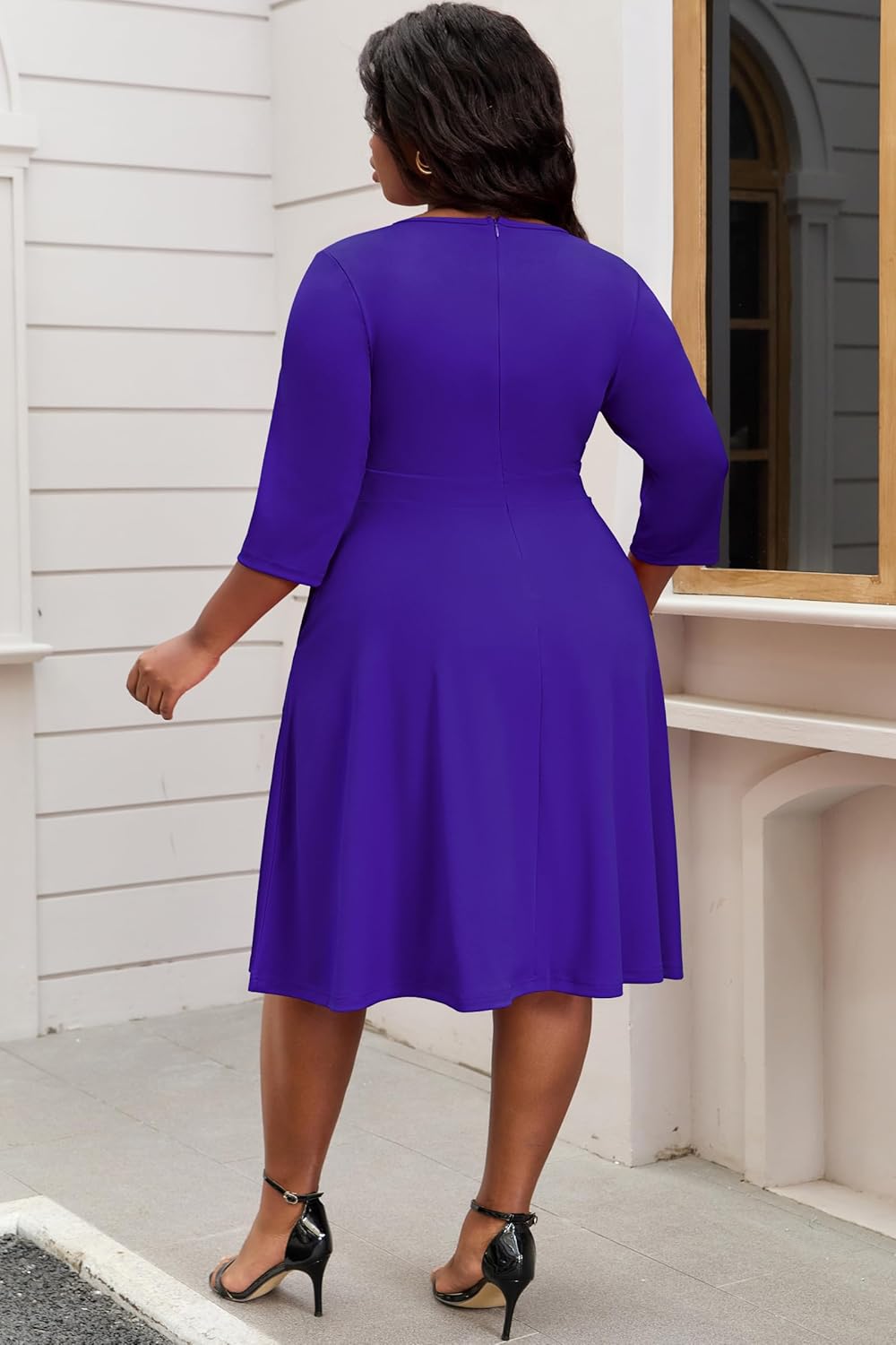 Nmoder Womens Plus Size Cocktail Dress 3/4 Sleeve Church Dresses for Women Midi Work Crewneck Dress with Pockets - Image 6