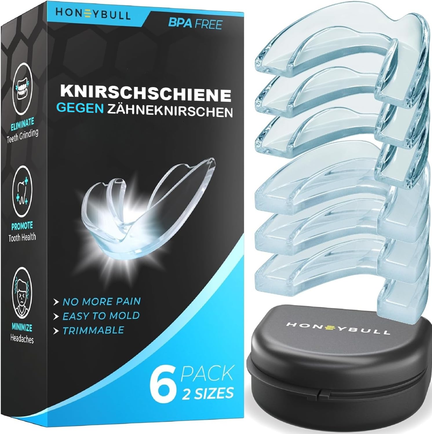 HONEYBULL Anti-Knirscher-Schienenset für leichtes und starkes Zähneknirschen, komfortable, individuell anpassbare Mundschiene für nächtliches Zähneknirschen