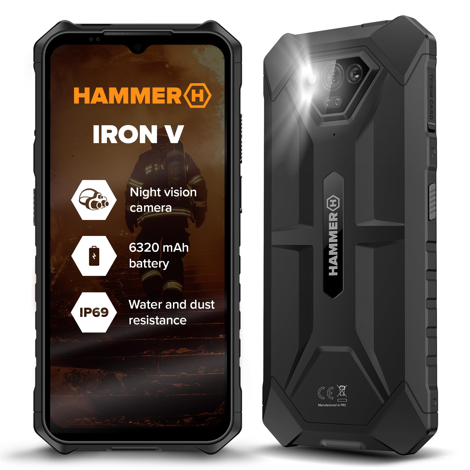 HAMMER Iron V Unlocked Rugged Smartphone, Waterproof, Dual SIM, Powerful 6320mAh Battery, Android 13, 64GB, 50MP Camera with Night Vision Sensor, Black