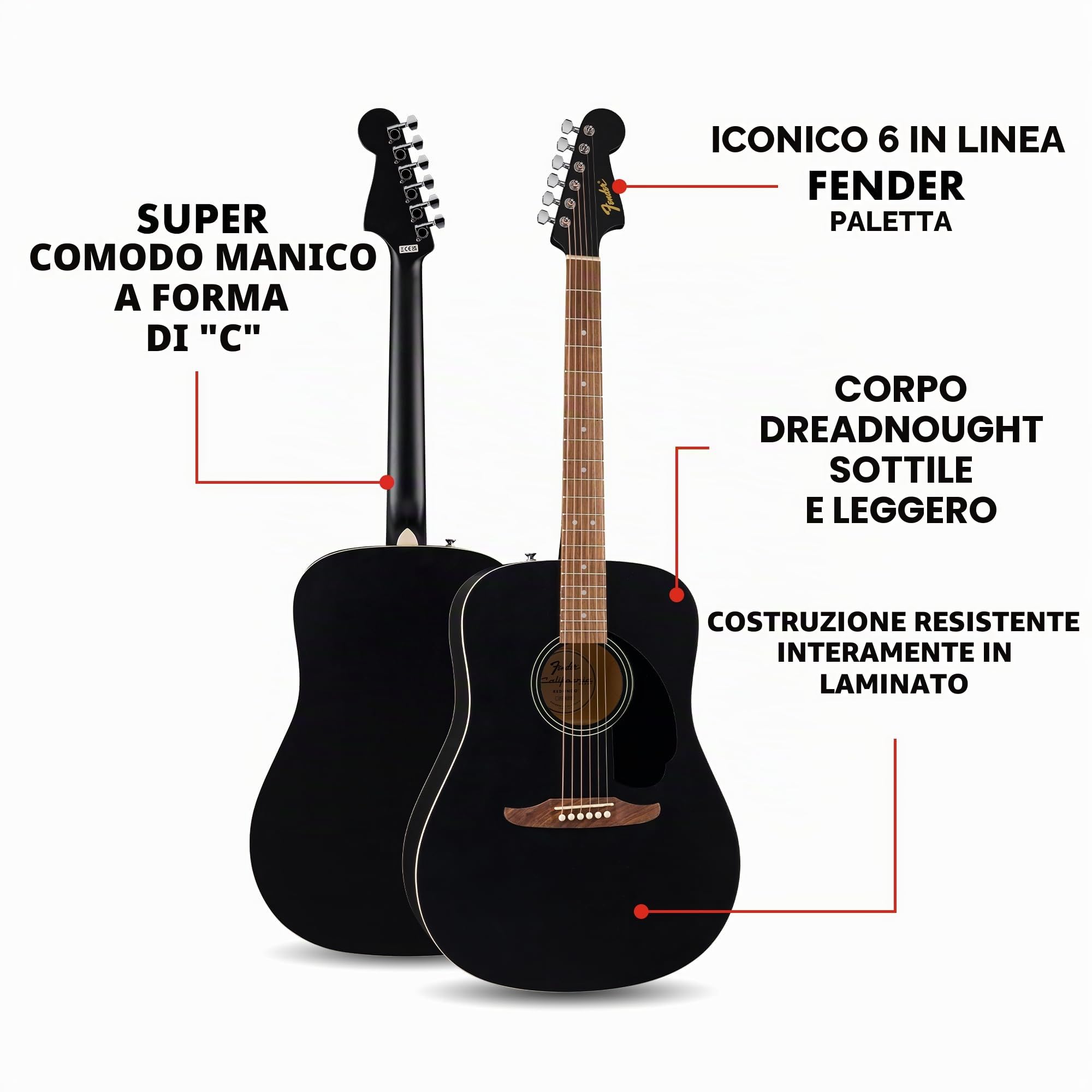 Fender California Debut Redondo Dreadnought Acoustic Guitar Spruce Top Black Pickguard