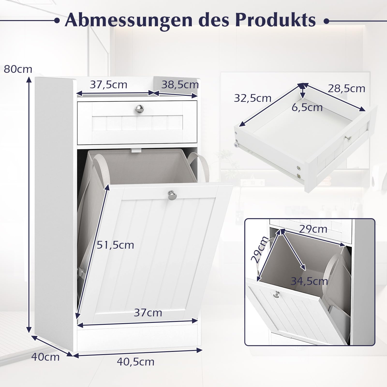 COSTWAY Kippbarer Wäscheschrank, freistehender Badezimmerschrank mit Regal, Schublade & abnehmbarem Wäschesack, moderner Badschrank mit Griffen für Badezimmer, Weiß (40,5 x 40 x 80 cm)