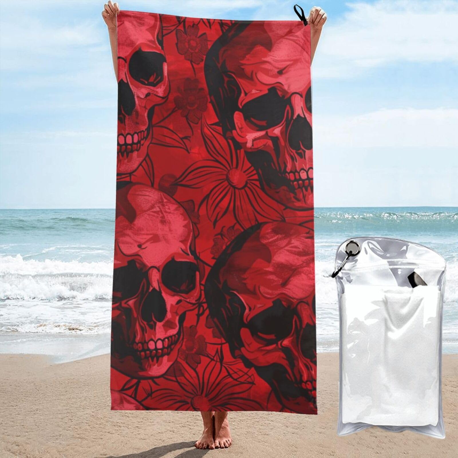 kkvhhyuo Microfiber Beach Towel, Red Skulls Printed Lightweight Quick Dry Travel Bath Sheet with Compact Carry Bag for Swimming Yoga Camping Gym,31.5"x63"